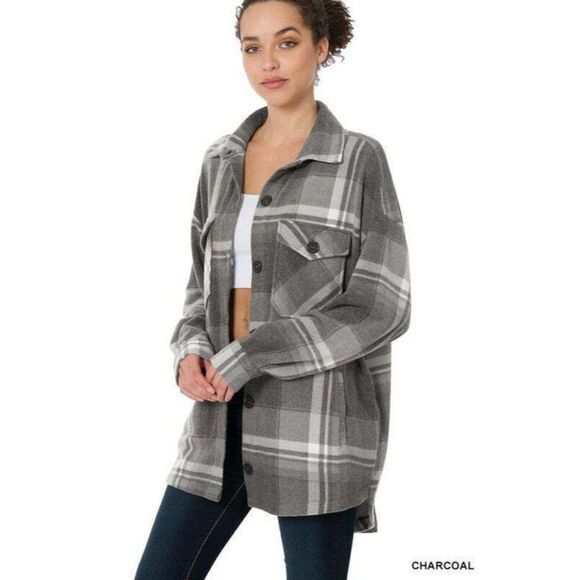 Zenana Outfitters Jackets & Blazers - Zenana Outfitters Charcoal Grey Plaid Shacket Jacket Fall Winter New QJ-630d4